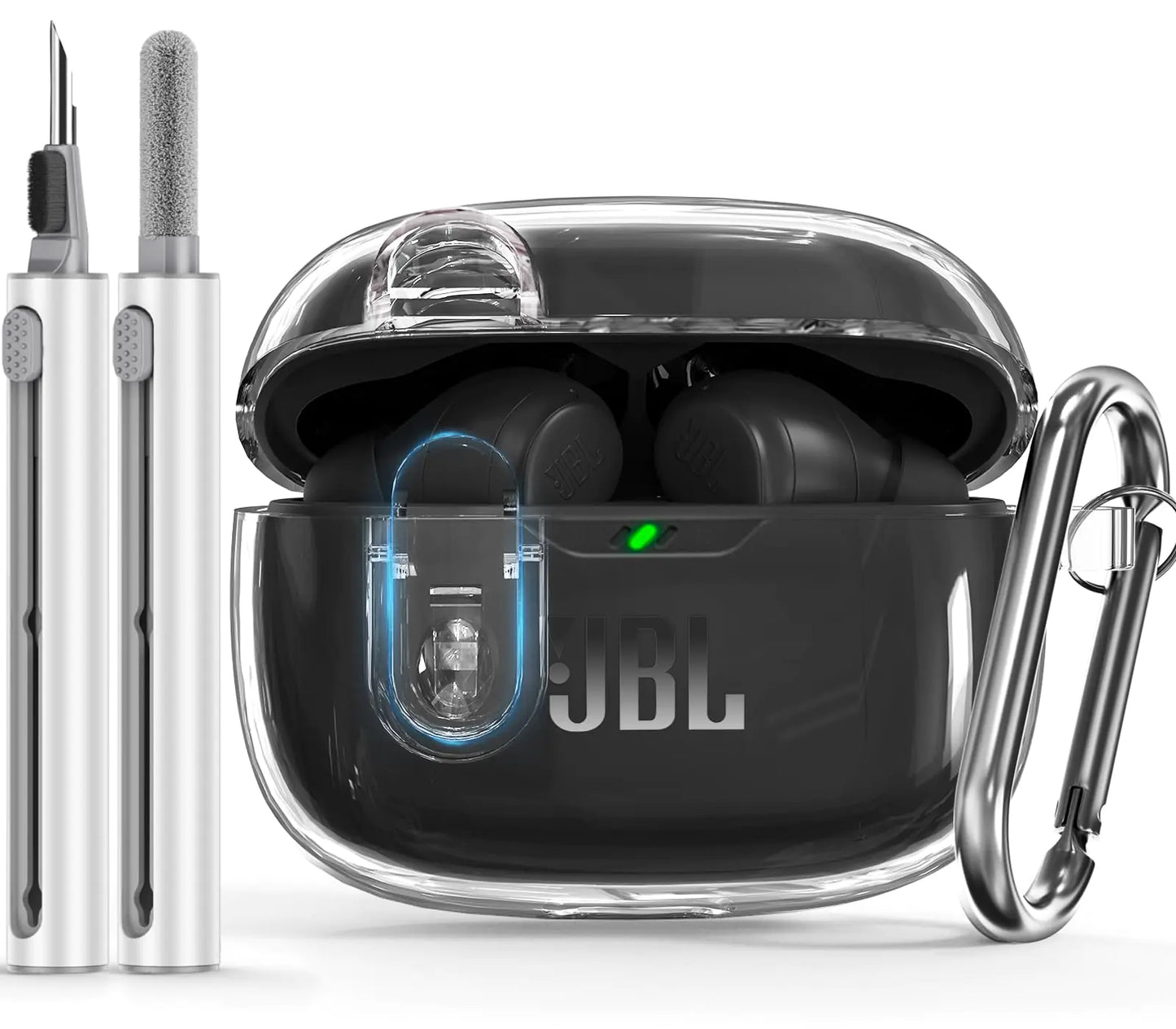 【Avec Verrou de Sécurité】 Coque de Protection pour JBL Vibe Beam / JBL Vibe 200TWS avec Kit de Nettoyage, Étui Rigide Transparent en TPU pour Hommes et Femmes avec Porte-clés, Compatible avec JBL Vibe 200TWS & JBL Vibe Beam - Blanc Transparent