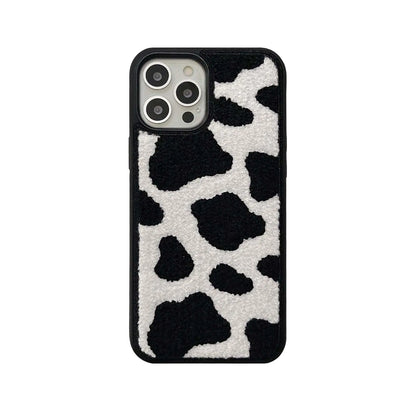 Black & White Dairy Cattle Cow Print Phone Case Compatible with iPhone 15 Pro Max,Cute Embroidery Winter Warm Fur Carpet Case,Soft Fluffy Case for iPhone 15 Pro Max 6.7'' 2023(Cow)